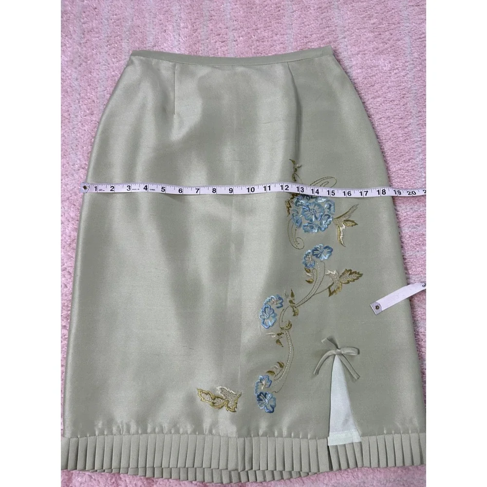 Vintage 90's David Warren Silk Pencil Skirt Floral Embroidery Pleated Trim SZ 6